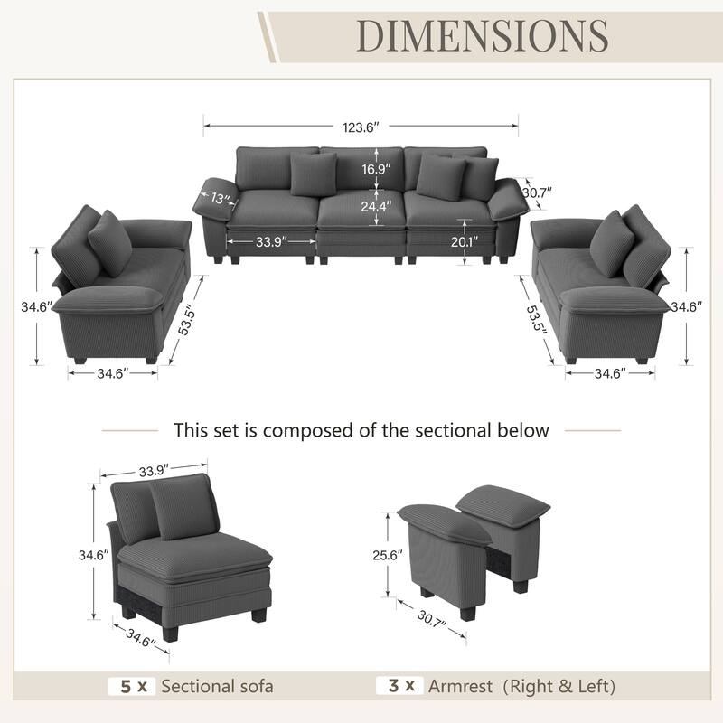 MAISON ARTS Chenille & Corduroy Modular Sectional Sofa Set, Comfy 5/6/7-Seat Living Room Couch with 3-Seater or Loveseat