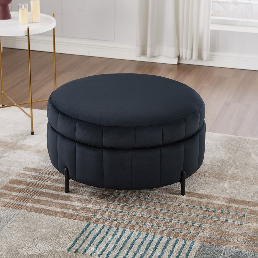 Round Ottoman with Storage, Channel Tufted Pumpkin-Shape Channel Footstool, Upholstered Footrest Stool with Reversible Lid
