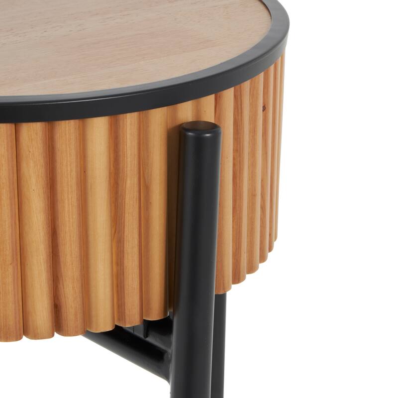 Brown Wood Handmade Slatted Drum Side End Accent Table with Black Metal Legs