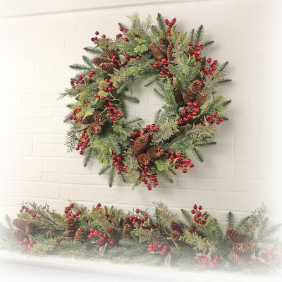 24" Spruce/Cedar/Holly Berry Wreath - Green Red - 24-Inch