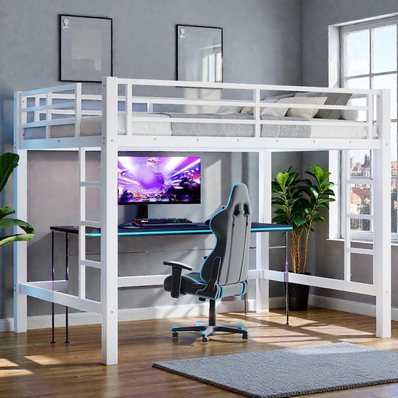 Metal Loft Bed with Dual Ladders and Guardrails, Space Saving Loft Bed for Dorm or Bedroom - White - Full