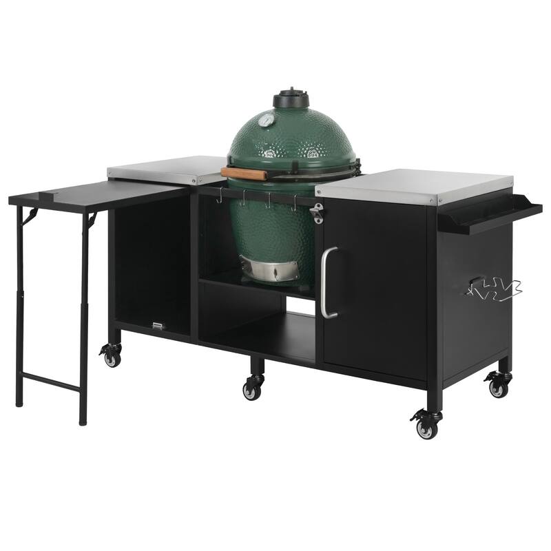 72.4"Large Grill Table for Large Big Green Egg,Metal Outdoor Grill Cart with Fold-out Prep Table,Adjustable Shelves,Spice Rack