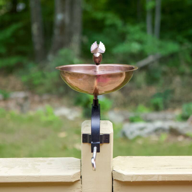 Achla Designs 14.25"L Antique Copper Stainless Steel Heart Shaped Birdbath w/ Wrought Iron Over Rail Bracket