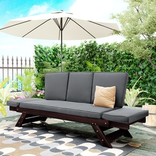 TOPMAX Outdoor Adjustable Patio Wooden Daybed Sofa Chaise Lounge with Cushions for Small Places, Brown Finish+Beige Cushion