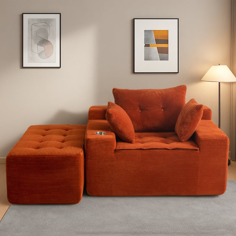 Corduroy Upholstered Memory Foam Sofa With Ottoman Upholstered Bean Bag Couch - 48.4"Lx67.7"Wx24.4"H
