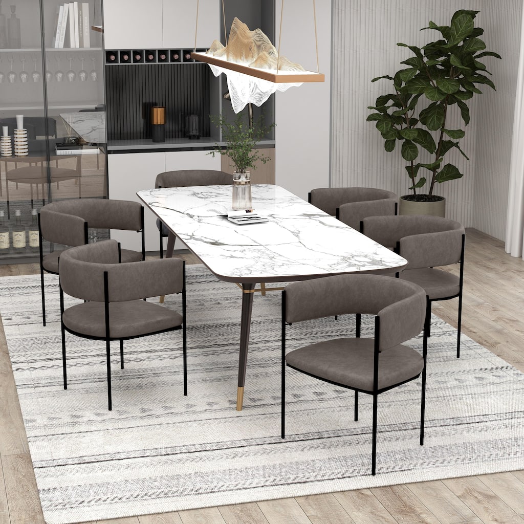 Cyril Modern U-Shaped Velvet, Fabric, or Leather Upholstered Dining Chair with Open Back and Black Iron Metal Legs (Set of 2)