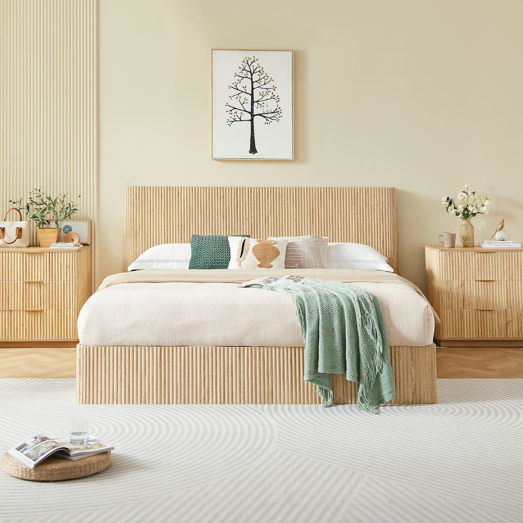 Hydraulic Lift Storage Bed Frame with Headboard/Wooden Corrugated Platform Bed Frame/No Box Spring Needed/Noise-Free Design/King