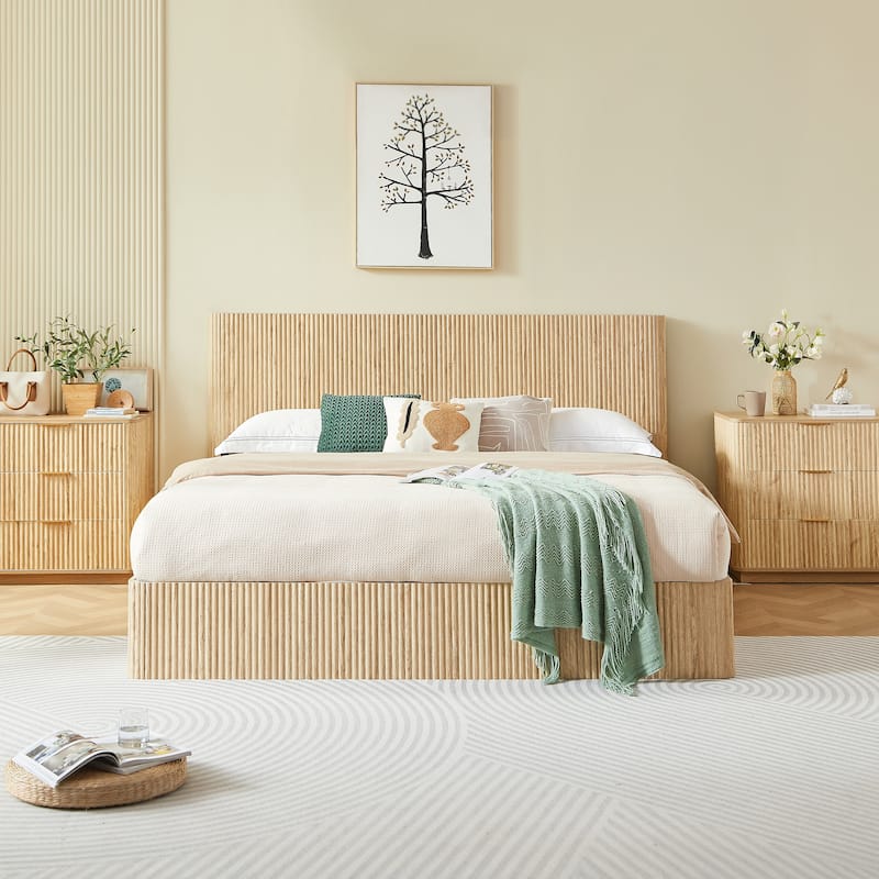 Platform Bed Lift Up Hydraulic Storage Bed Frame Wooden Corrugated Curved Lines Design Frame Wood Slat Metal Support Bed Frame