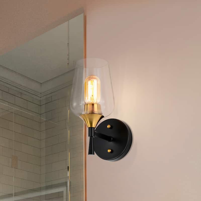 Black and Antique Brass 1-Light Indoor Wall Sconce with Clear Glass Shade
