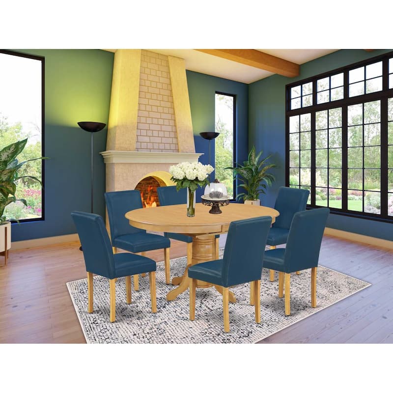 Dinette Set 7Pc Oval Table w/ Leaf & 6 Parsons Chairs - Oak Leg, PU Leather Oasis