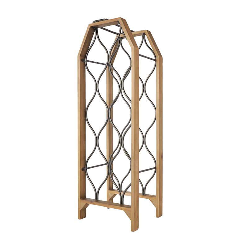 Brown Wood 11 or 8 Slot Geometric Wine Rack with Gray Metal Curved teardrop or Hexagon Holders