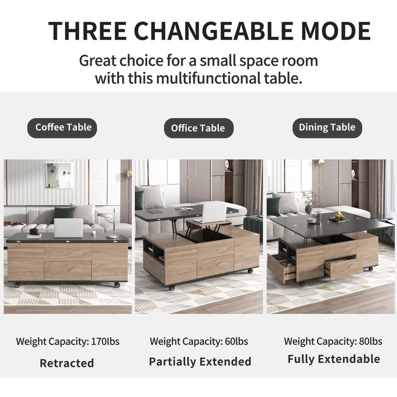 Modern Lift Top Coffee Table Multifunctional Table with Drawers & Shelves