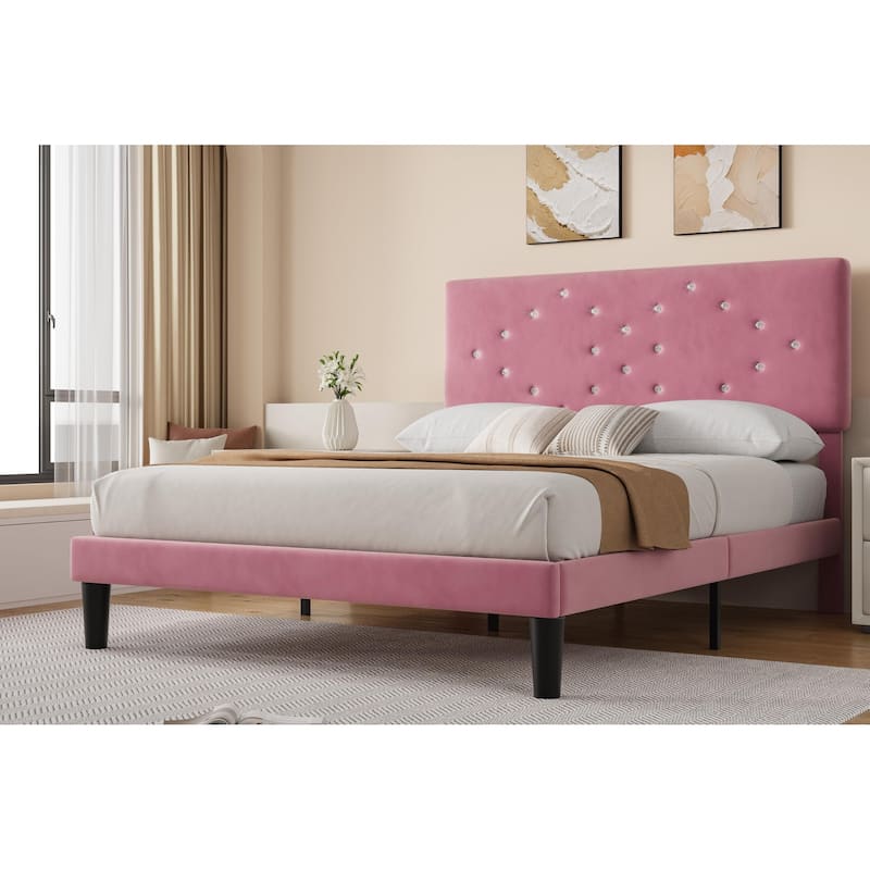 Velvet Upholstered Bed Frame, Vertical Channel Tufted & Sturdy Wood Slats