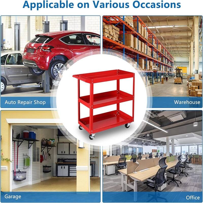 3 Tier Rolling Tool Cart, 330 Lbs Capacity, with Ergonomic Handle - 28.7"D x 14.2"W x 29.1"H