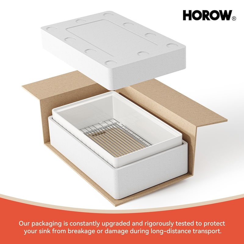 HOROW 33in. Farmhouse/Apron-Front Single Bowl White Fireclay Workstation Kitchen Sink w/Cutting Board,Bottom Grid and Strainer