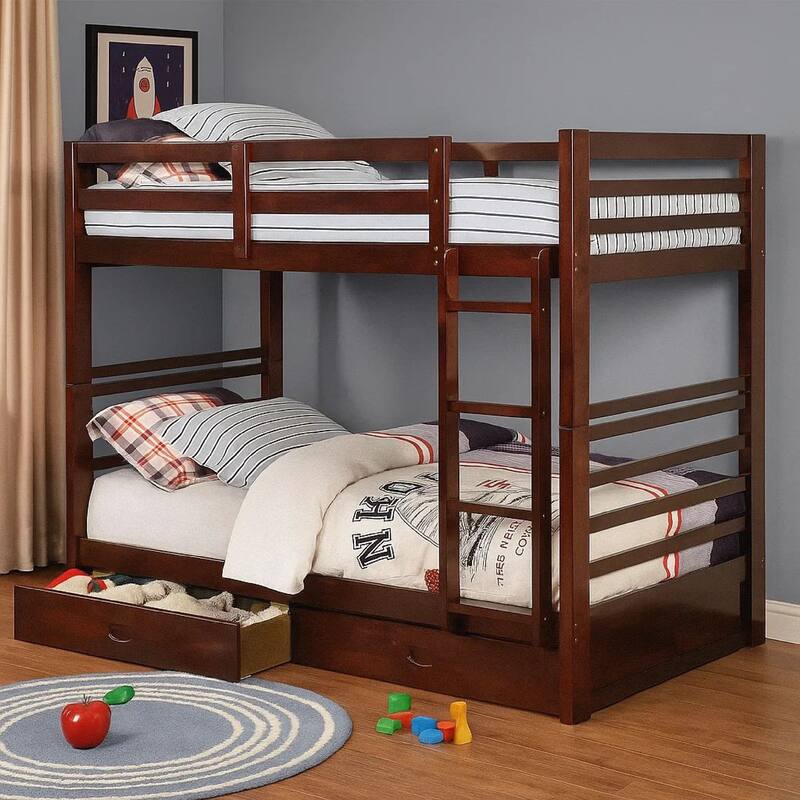 Transitional Twin Over Twin Bed with Attached Ladder and Drawers, Brown