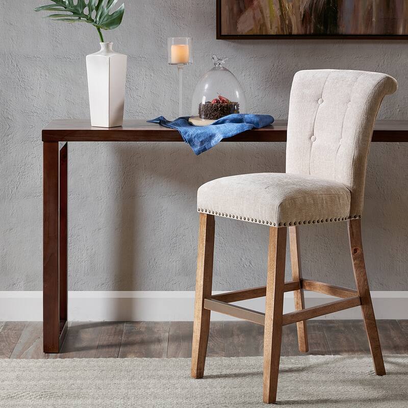 Sophisticated Button Tufted Bar Stool with Silver Nail Heads, Easy Assembly - Cream