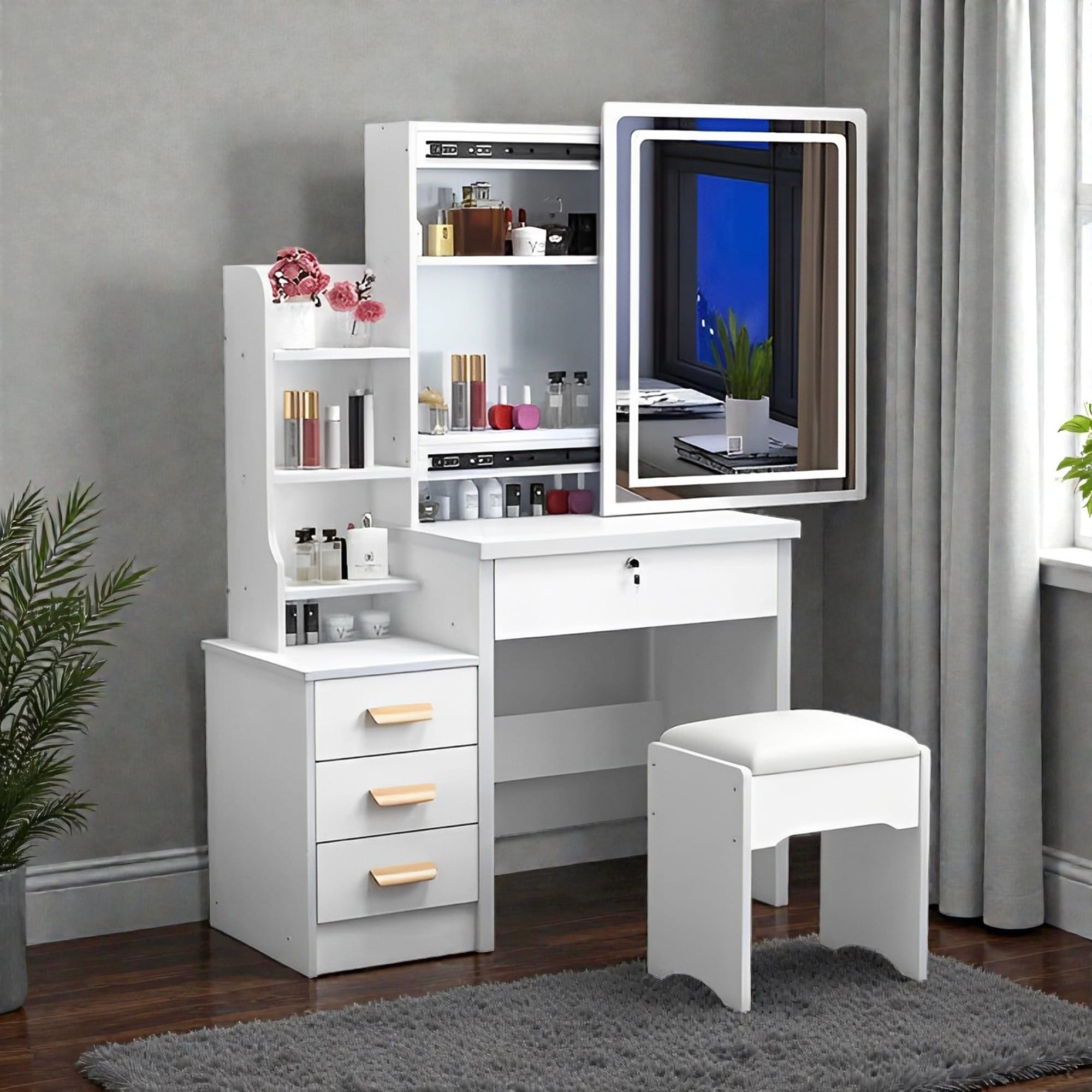 Vanity Desk with Lighted Mirror and Chair, Makeup Table with Adjustable LED Lighting, Storage Drawers and Shelving