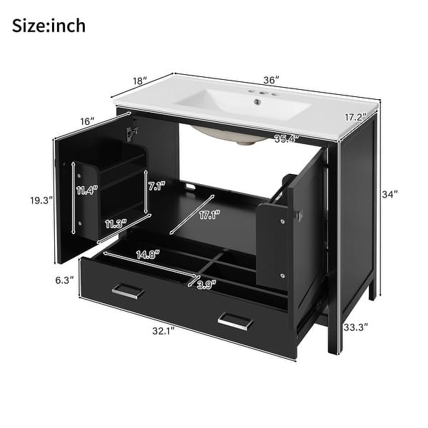 dimension image slide 5 of 35, GDFStudio - Aurora Wood Bathroom Vanity Set with Ceramic Sink and Divided Drawers