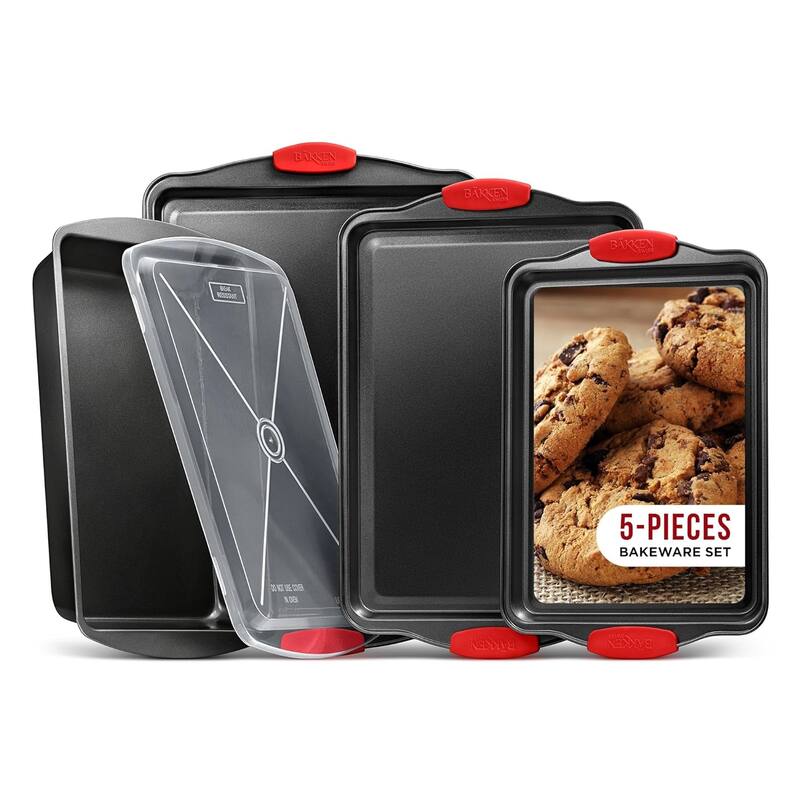 Nonstick Cookie Sheet Pan Carbon Steel with Red Silicone Handles - Pack of 5