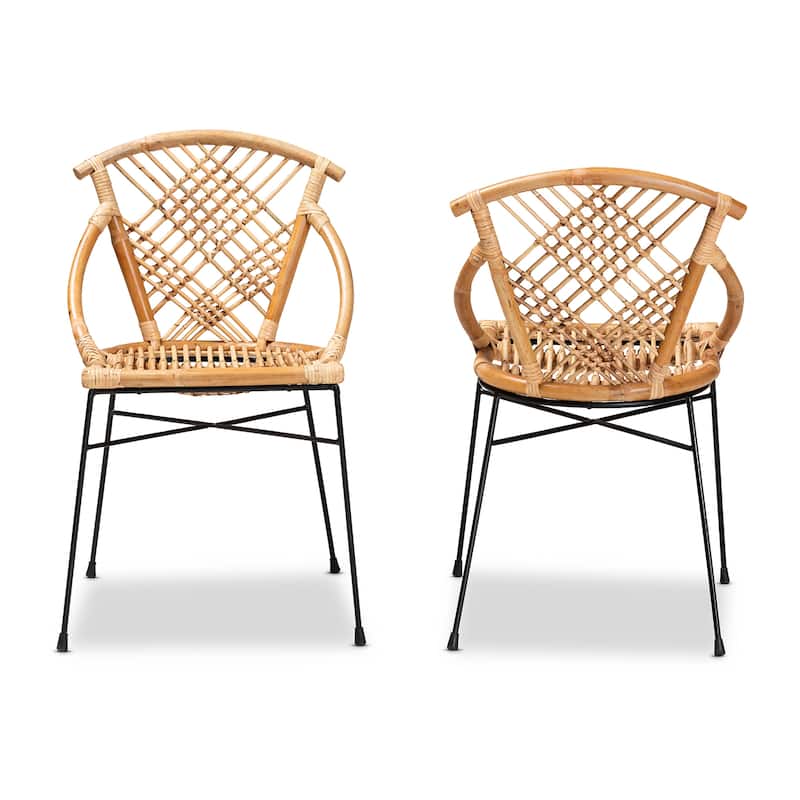Pro Modern Bohemian Natural Rattan and Metal Dining Chair Set(2PC)