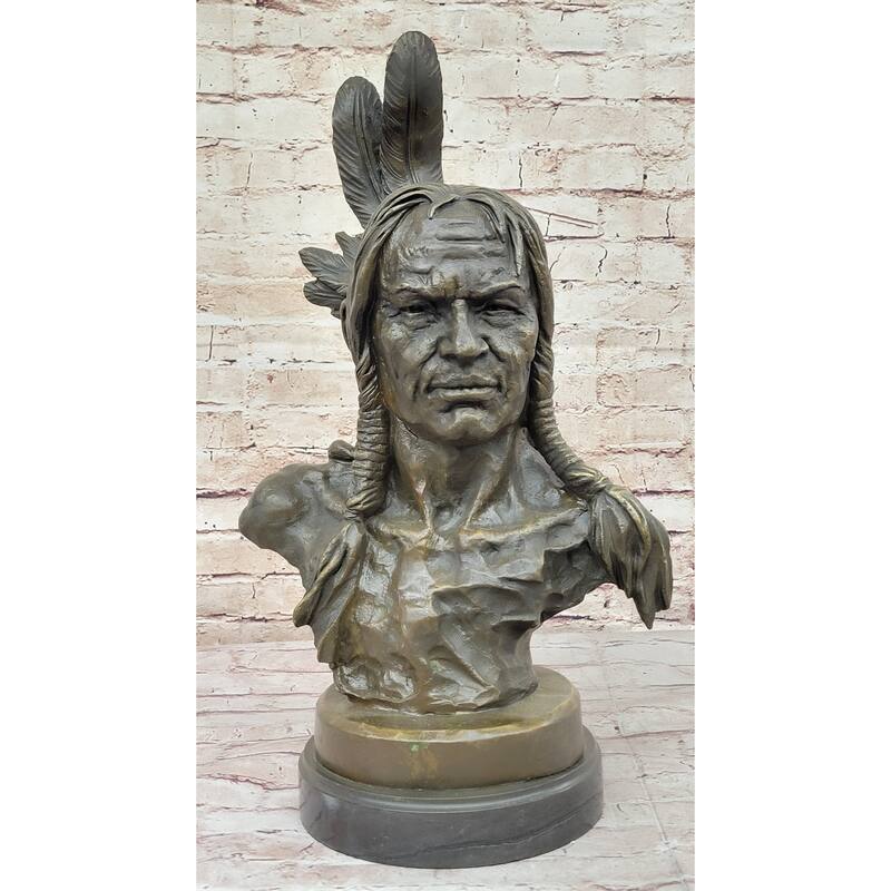 Hot Cast Bronze Bust Sculpture Statue Of Native American Indian Man W/ Braided Hair