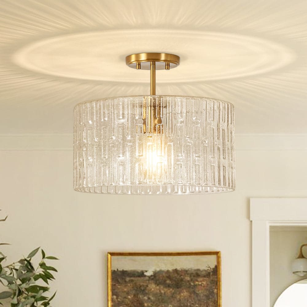 1-Light Clear Embossed Seeded Glass Drum Semi Flush Mount / Pendant