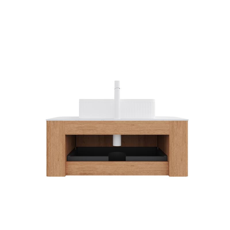 Wall-Mounted Floating Bathroom Vanity with Sink - Natural Wood,White