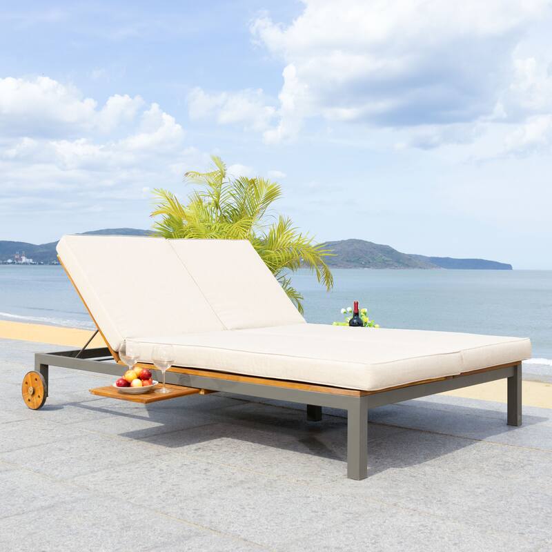 SAFAVIEH Outdoor Francka Adjustable Double Lounge Chair with Side Table - 83 In. W x 52 In. D x 15.8 In H - 83Wx52Dx16H