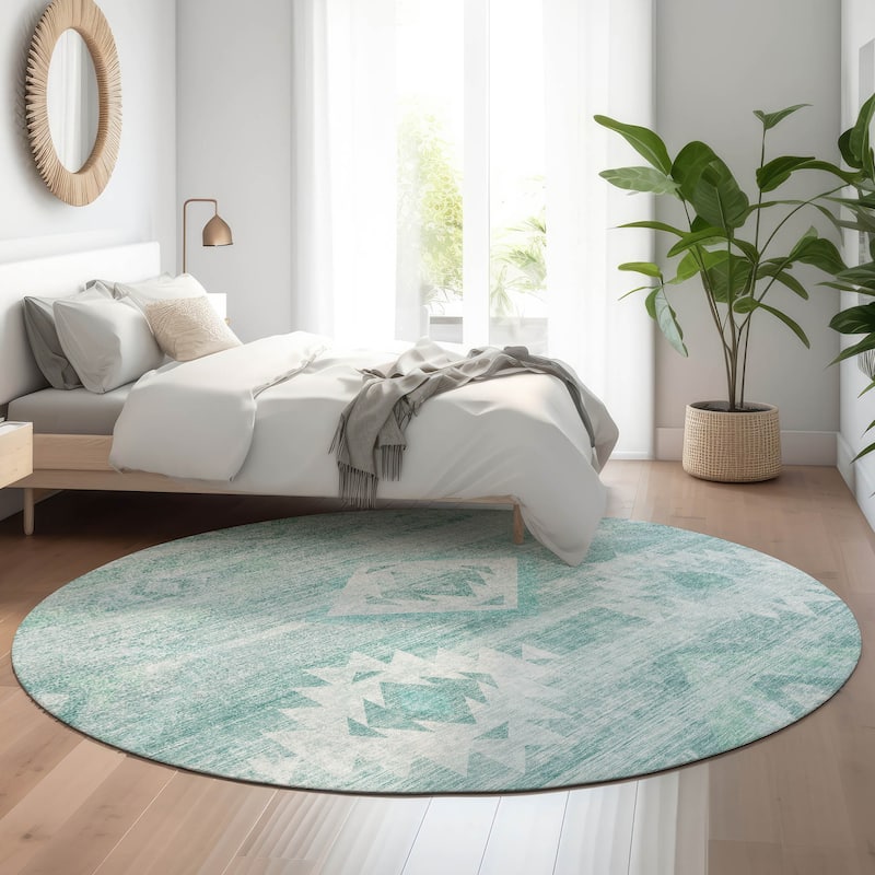 Premium Washable Super Soft Tribal Boho Mayfield Rug - Aqua - 8' x 8' - Round