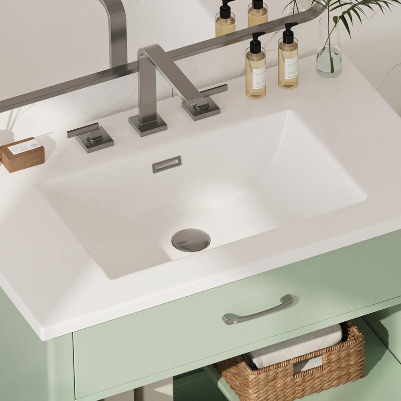 31" Bathroom Vanity with Tempered Glass - Modern Cabinet with Rubber Wood Legs and Soft-Close Doors