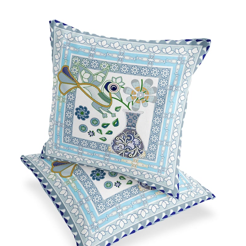 HomeRoots Set of Two 16" X 16" Gray and White Peacock Blown Seam Floral Indoor Outdoor Throw Pillow - 16.00' X '16.00' X '5.00