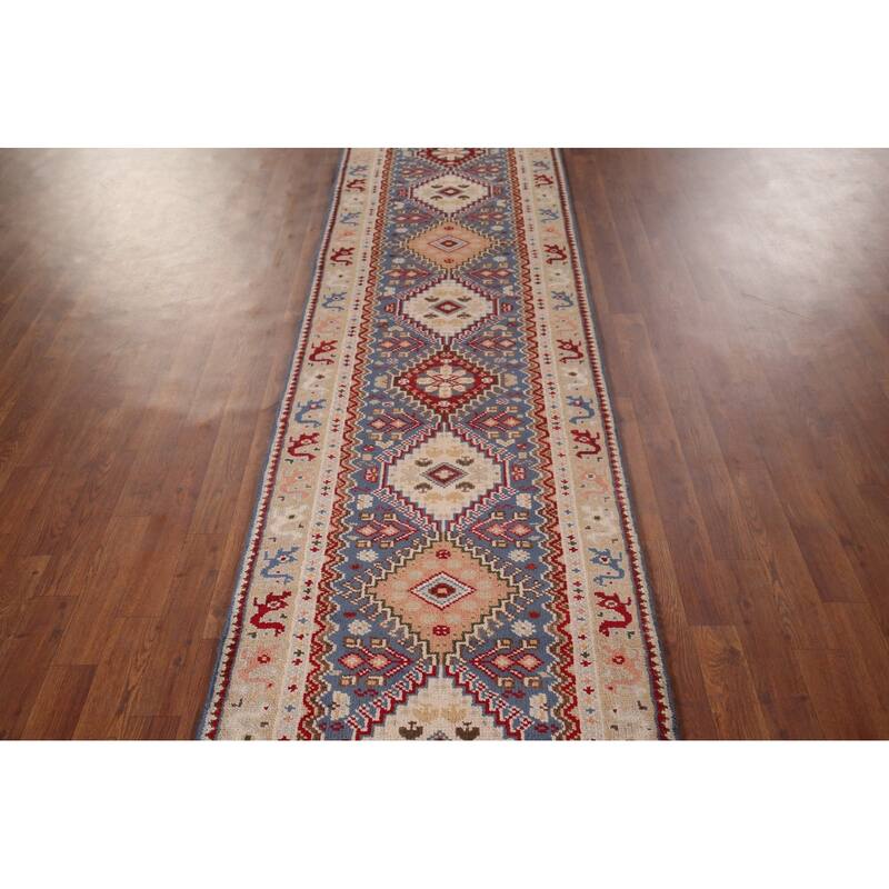 Blue Geometric Khotan Oriental Runner Rug Hand-Knotted Wool Carpet - 2'7"x 11'9"