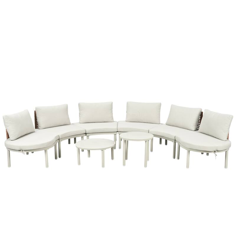 8-Piece Patio Half Moon Sofa Set with 2 High-Low Coffee Tables, 6 Pillows & Cushions