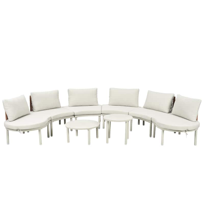 Roomfitters 6/8-Piece Half Moon Patio Sofa Set with 2 Coffee Tables, PE Wicker Rattan, Glass Top, Cushions & Pillows