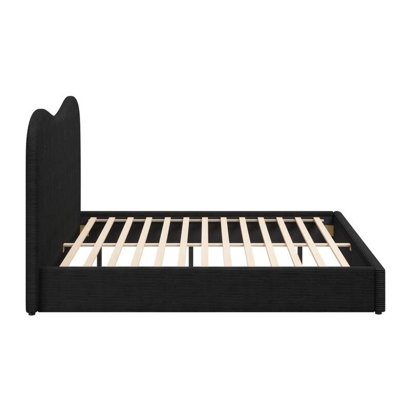 HomeRoots Black Ribbed Texture Velvet Upholstered King Bed Frame