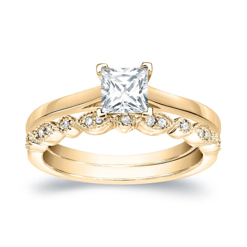 Auriya 14k Gold 2/3ctw Vintage Princess-cut Solitaire Diamond Engagement Ring Set - Yellow - 8