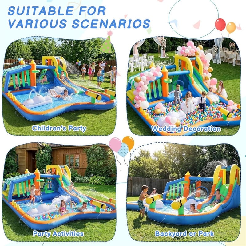 11-In-1 Inflatable Bounce House With Water Slide, Kiosk Theme Water Park For Kids Backyard, 750W Blower Included - N/A