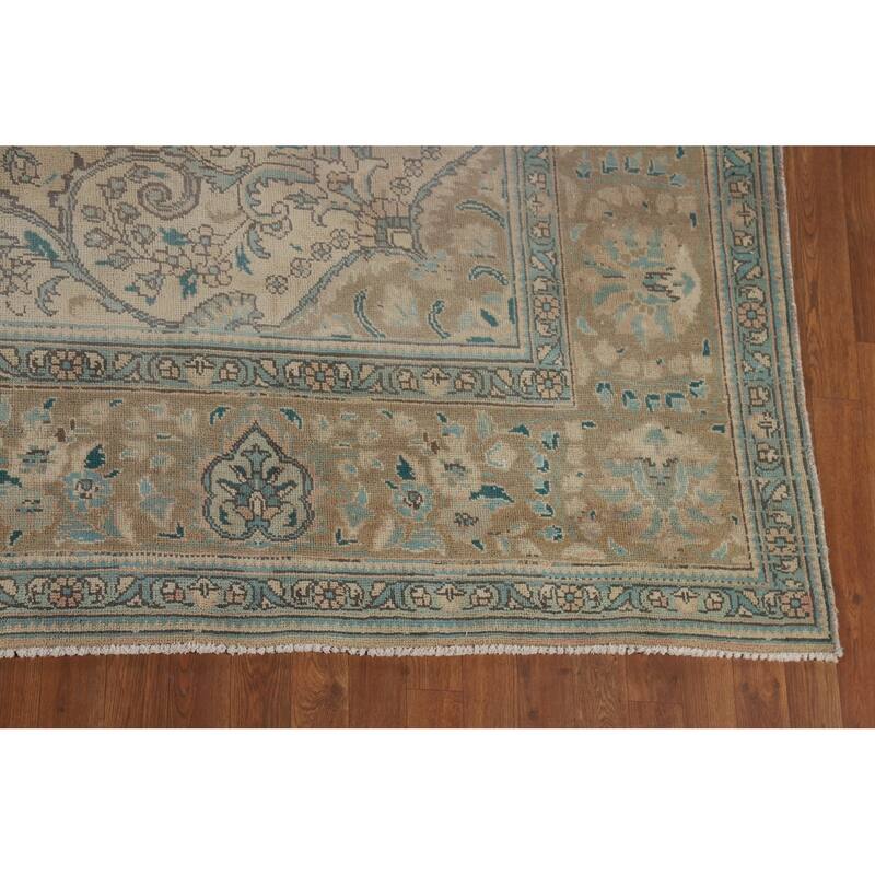 Distressed Tabriz Vintage Persian Rug Hand-Knotted Peach Wool Carpet - 9'11" x 13'3"
