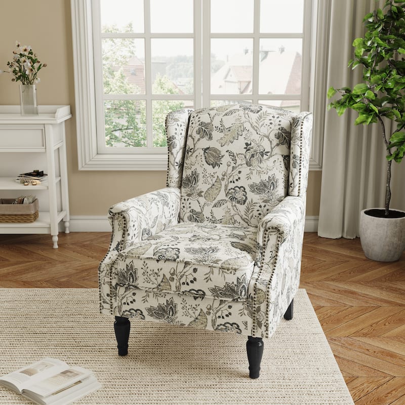 Traditional Floral Patterned Wingback Armchair with Nailhead Trim