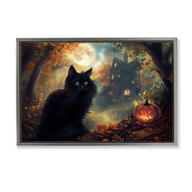 Stupell Black Cat & Haunted Mansion Framed Floater Canvas Wall Art Design By Wumples - 25 x 17 - Grey