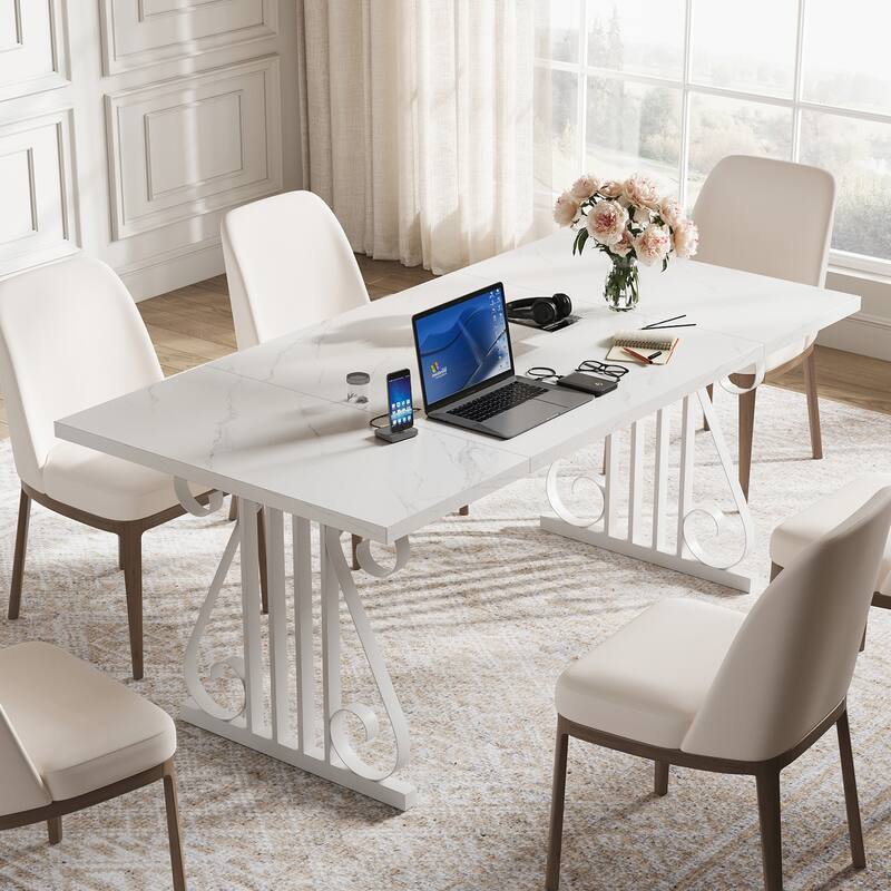 Rossetta Modern 70.9" Rectangular Faux Marble Top Dining Table with Adjustable Feet and Metal Frame