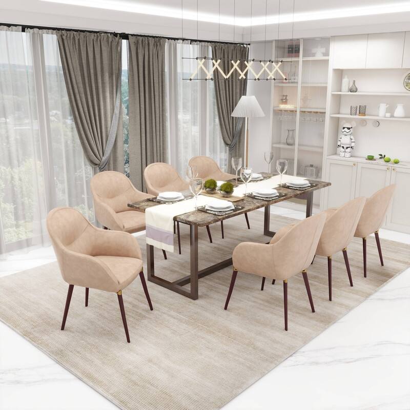 Elias Barrel Leather or Velvet Upholstered Dining Chair with Iron Wood Finish Legs and Gold Accents Set of 4