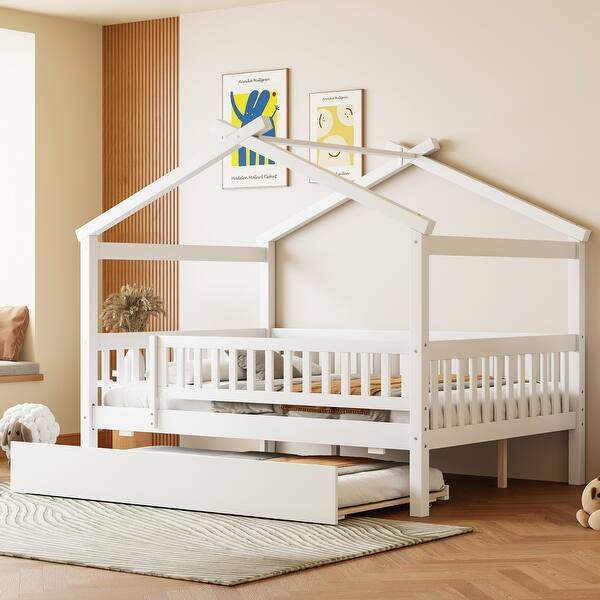 slide 2 of 85, Montessori Bed House Bed with Trundle Bed and Headboard, Wood Daybed Platform Bed Frame No Box Spring Needed for Boys Girls White - Full