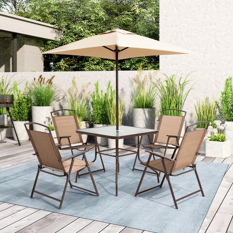 6 PCS Patio Dinning Set with 4 Folding Chairs, Glass Table and Tan Umbrella without Base