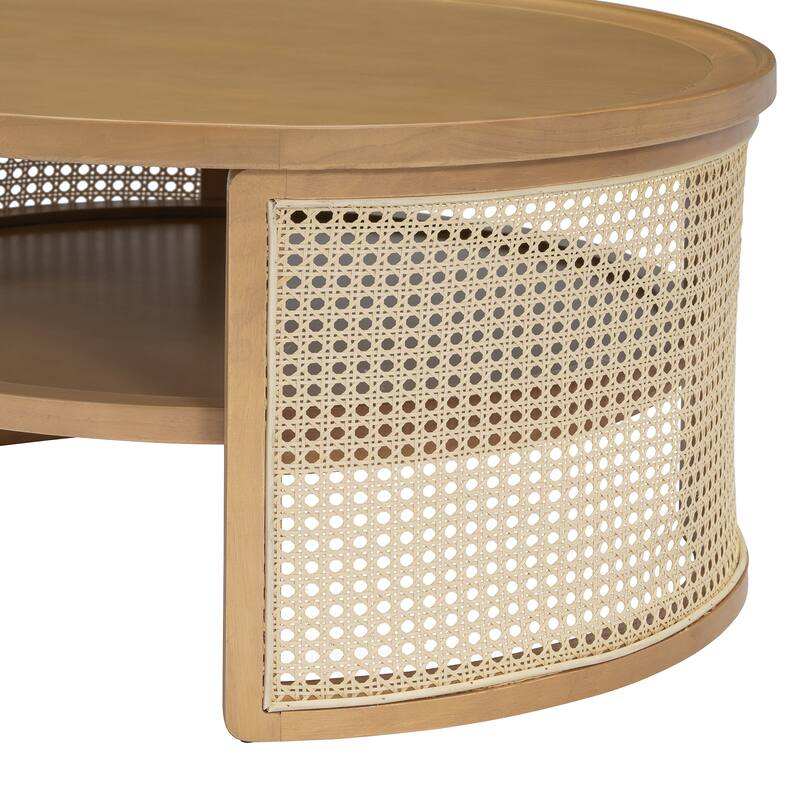 2-Tiered Round Coffee Table with Curved-Edge Top & Rattan Base, Boho Wood Center Table with Storage Shelf for Living Room