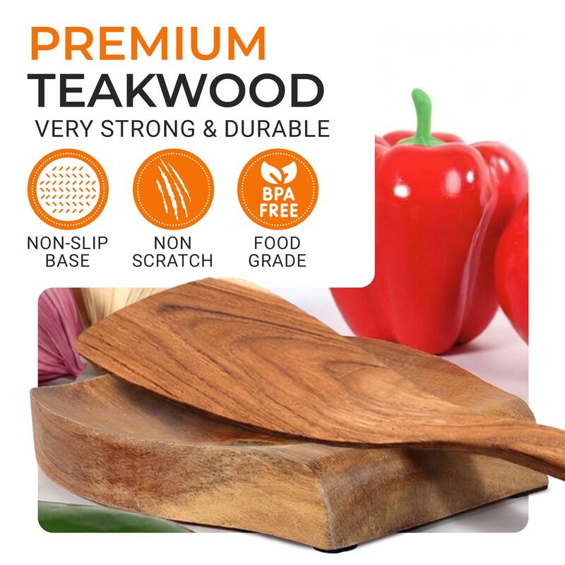 Cheer Collection Teak Wood Spoon Rest with Non-Slip Base, Curved Drip Catch Design