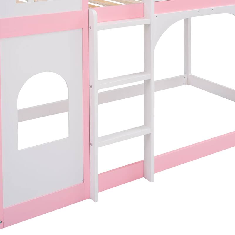 Castle Shaped Wood Bunk Bed with Door and Window, Twin Over Twin Size