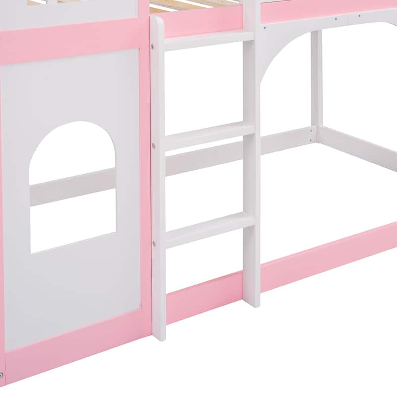 Twin Over Twin Wooden Castle Bunk Bed, Solid Pinewood Floor Bunk Bed Frame with Built In Ladder and Safety Guardrail