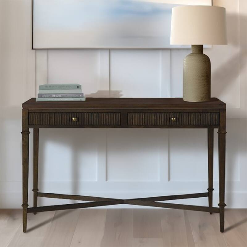 Roomfitters Fluted 2-Drawer Storage Console Table, Dark Brown Wood Veneer Entryway Accent Hall Table with Brass Hardware